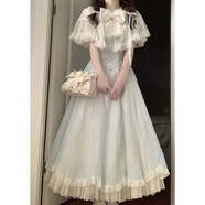 簡(jiǎn)霏日系甜美重工設計蝴蝶結短袖連衣裙夏季新款收腰洛麗塔公主長(cháng)裙女 藍色連衣裙【版】 S