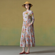生活在左2025夏季新品復古印花新中式立領連衣裙女 花色 M
