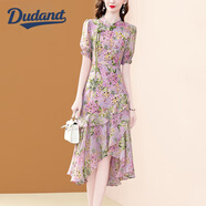 Dudant奢侈高檔品牌旗袍連衣裙女2025年夏季新款立領(lǐng)荷葉邊雪紡碎花裙子 粉色 M