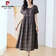 皮爾卡丹（PIERRE CARDIN）條紋棉麻連衣裙女2025夏裝新款氣質(zhì)時(shí)尚寬松遮肚子休閑a字裙 咖灰 M 建議80-115斤