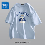 真維斯短袖t恤男夏季ins風(fēng)韓版休閑情侶百搭半袖體恤衫潮流寬松上衣服男 【冰絲】淺藍(lán)(大熊貓先森) XL /180(體重140-160斤左右)