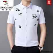 啄木鳥(niǎo)夏季冰絲襯衫男士免燙抗皺舒適涼感短袖T恤富貴竹潮流印花體恤衫 白色 M