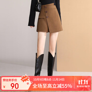 白鹿語秋冬厚款裙褲式短褲簡約純色高腰A字休閑熱褲女 咖色1 L