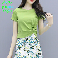 YOMC小個(gè)子時(shí)尚套裝2025年夏季新款女洋氣t恤碎花雪紡連衣裙子兩件套 2040#綠色上衣 M 【建議90-105斤】