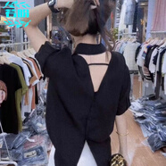 若盼雪紡短袖露背襯衫女2025夏季韓版時(shí)尚設計感小眾后背鏤空洋氣襯衣 黑色 M 91-105斤