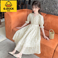 G.DUCKKIDS女童連衣裙兒童沙灘裙子長裙公主紗裙雪紡夏裝2023新款中大童女孩 淡黃色 150