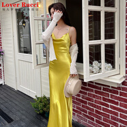 LOVER RUCCI高級真絲多巴胺吊帶連衣裙女夏內搭中長(cháng)款緞面醋酸設計感修身長(cháng)裙 檸檬黃 【蕩領(lǐng)-肩帶可調節】 XS 建議94斤以下