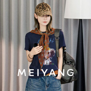 美洋（MEIYANG）微醺小象T恤 動(dòng)物樂(lè )園圓領(lǐng)撞色印花短袖上衣t恤女 藏藍色（常規版） M