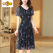 初徑彈力網(wǎng)紗夏季新款氣質(zhì)減齡碎花連衣裙短袖媽媽大碼女裝長(cháng)裙子 黑色 XL 【100-115斤】