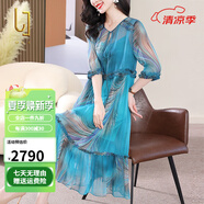 OLJ高檔品牌真絲連衣裙女2025年夏季新款印花設(shè)計(jì)寬松氣質(zhì)桑蠶絲裙子 藍(lán)色 S [適合<105]斤