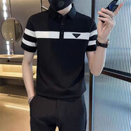 利郎冰.絲短袖polo衫男士夏季休閑珠地棉t恤男裝帥氣拼接修身半袖 3037黑色 2XL