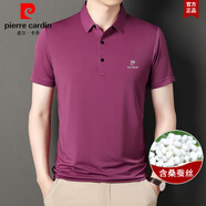 皮爾卡丹品牌夏季中年短袖t恤男桑蠶絲翻領(lǐng)體恤冰 絲保羅衫爸爸裝半袖 7532皮紅 XL 175/115(140-160斤)