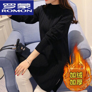 羅蒙（ROMON）高品質羊毛衫加絨半高領韓版女裝寬松針織衫中長款打底衫毛衣女上 黑色加絨 加厚 XL 120-130