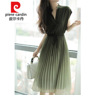皮爾卡丹（pierre cardin）針織2025夏季新款漸變綠色立領(lǐng)收腰設(shè)計(jì)百褶雪紡連衣裙女夏中長(zhǎng)款 漸變綠色 S