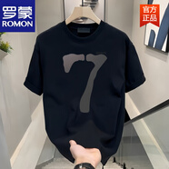 羅蒙（ROMON）感潮牌印花短袖t恤男夏季圓領(lǐng)寬松休閑百搭純棉痞帥體恤上衣t 黑色【大7字】 S 建議90-100斤