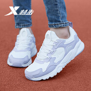 特步 XTEP女鞋運動鞋子女網(wǎng)面透氣跑步鞋厚底增高老爹鞋學生減震跑鞋休閑鞋 帆白/白藤紫-皮面 36