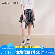 西遇格紋半身裙女2025年夏季新款不規(guī)則下擺綁帶設(shè)計(jì)感高腰短裙 藍(lán)色 M (27)