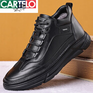 卡帝樂鱷魚（CARTELO）頭層牛皮棉鞋男羊毛保暖皮鞋高.幫休閑鞋秋季運動鞋真皮棉皮鞋 黑色 38