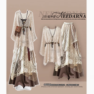 翱?jì)?yōu)草原新疆旅游穿搭波西米亞連衣裙子2025夏季美拉德廢土風(fēng)沙漠長(cháng)裙 咖色背心+罩衫+杏色裙子+咖色裙 M 建議80-100斤