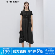 S.DEER圣迪奧年夏季時尚圓領(lǐng)線跡飄帶不規(guī)則擺短袖連衣裙女S19281210 黑色/91 S 160
