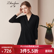 兆君秋冬交叉V領(lǐng)中長款羊絨連衣裙女 收腰修身百搭毛衣針織連衣裙 午夜黑 2XL