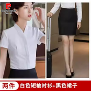皮爾卡丹（pierre cardin）空乘職業(yè)套裝襯衫女裝氣質(zhì)V領(lǐng)白色空姐制服套包臀裙女春季工作服 純白短袖襯衫+黑裙 2XL