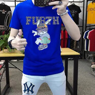 保羅上校 PAUL COL男士短袖t恤夏季新款潮流大碼洋氣青年修身薄款圓領(lǐng)上衣男 藍(lán)色燙片字母兔子 S 建議95--110斤