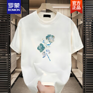 羅蒙（ROMON）夏季短袖t恤男潮牌時尚復(fù)古印花半袖上衣潮流百搭情侶裝體恤新品 白色【K979  藍色玫瑰】 S 建議90-100斤