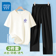 真維斯（JEANSWEST）休閑運動套裝女2025新款夏季防曬短袖女寬松冰絲闊腿褲學生兩件套 短袖 米色 紫色花朵_K+長褲 黑色 M