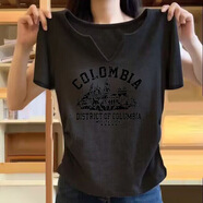 翎悅v領(lǐng)短袖t恤女純棉2025夏季新款設計感時(shí)尚潮流修身上衣女裝打底衫 黑色【COLOMBIA建筑】 2XL