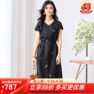 金菊100%桑蠶絲【真絲直筒裙】25夏季新款高級(jí)感氣質(zhì)繡花短袖連衣裙女 黑色 2XL (175/96A)
