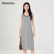 朵以（Duoyi）39SX011016夏季新款時尚休閑修身顯瘦撞色條紋無袖背心連衣裙 杏灰條 L