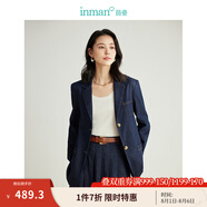 茵曼（INMAN）【商場同款】牛仔小西裝2024秋季女裝新款平駁領(lǐng)寬松亞麻外套 深牛仔藍 M