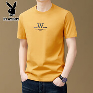 花花公子（PLAYBOY）250g純棉短袖T恤男夏季重磅長(cháng)絨棉潮牌印花體恤上衣 KSYS8865黃色 XL 175推薦140-160斤