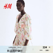 H&M女裝花卉連衣裙2025夏季新款度假風(fēng)喇叭袖褶紋連身裙1295133 奶油色/花卉 M 165/96