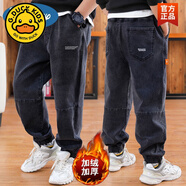 G.duck男孩褲子百搭兒童牛仔褲男童休閑褲帥氣韓版束腳長(cháng)褲秋冬季中大童 黑色加絨牛仔褲 120
