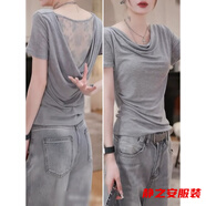 瑪菲萱超有設計感的T恤衫蕩領(lǐng)短袖t夏季女裝拼蕾絲露背上衣打底衫女 灰色 L 建議100-120斤左右