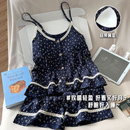 睡衣女夏季碎花花邊吊帶套裝新款三件套性感女生大碼帶胸墊家居服 碎花花邊吊帶套裝兩件套（吊帶+短褲） L  建議  95-120斤