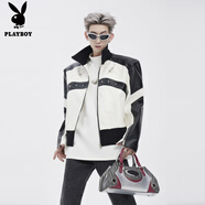 花花公子（PLAYBOY）短款立領(lǐng)機(jī)車(chē)皮衣男 秋季美式復(fù)古金屬扣男士痞帥墊肩皮夾克潮流 黑白 L 建議125-150斤