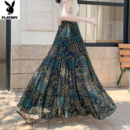 花花公子（PLAYBOY）波西米亞雪紡半身裙女2025夏季百褶顯瘦大擺長(cháng)裙子度假旅游a字裙 綠色 436#綠色 S 建議85-99斤