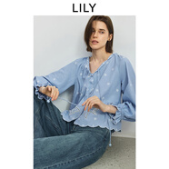 LILY2025秋新款棉麻波嬉風(fēng)花邊設計感波西米亞繡花V領(lǐng)長(cháng)袖襯衫女 401藍色 XL