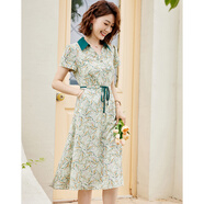 帕絲特夏季印花襯衫裙短袖翻領(lǐng)A字裙系帶收腰顯瘦媽媽裝連衣裙 綠色 2XL
