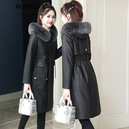 ROWILUX羅威奢品品牌真皮羽絨服女中長(cháng)款皮草大衣風(fēng)衣修身外套時(shí)尚皮衣 黑色 S 90-105斤左右