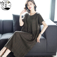 弄堂里連衣裙女夏裝2021新款氣質(zhì)名媛寬松中長(cháng)款條紋棉麻裙子 咖色 有條紋 M 建議85-115斤