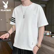 花花公子（PLAYBOY）夏季純棉短袖T恤男士冰絲薄款透氣半袖t潮流牌情侶學生大碼上衣服 21白色 L 【建議120-140斤】