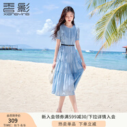 香影藍(lán)色泡泡袖連衣裙女2025夏季新款法式超好看風(fēng)琴褶正肩高腰裙 藍(lán)色 S