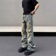 迪伽達美式高街黃泥破洞牛仔褲男款秋季直筒顯瘦微喇乞丐cleanfit褲子潮 DDD-118藍色 XL