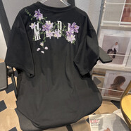 will not藤蔓花卉字母刺繡短袖T恤男女夏設(shè)計(jì)感歐美式國(guó)潮牌純棉半袖上衣 黑色 XL 建議120斤-140斤