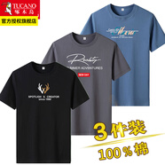 啄木鳥(niǎo)【3件】純棉短袖t恤男士裝2024新款印花半袖體恤寬松青年上衣服 鹿頭黑+Rea鐵灰+彩色長(cháng)條霧霾藍 M