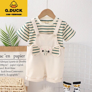 G.DUCKKIDS1~3歲小童時尚短袖背帶褲兩件套夏季寶寶套裝嬰幼兒潮流洋氣衣服 條紋大象背帶米色 90 建議身高80左右1-2歲